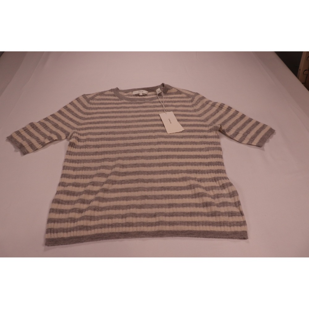Vince Striped Short Sleeve Sweater Grey Off White Ribbed Knit V585478188 Large